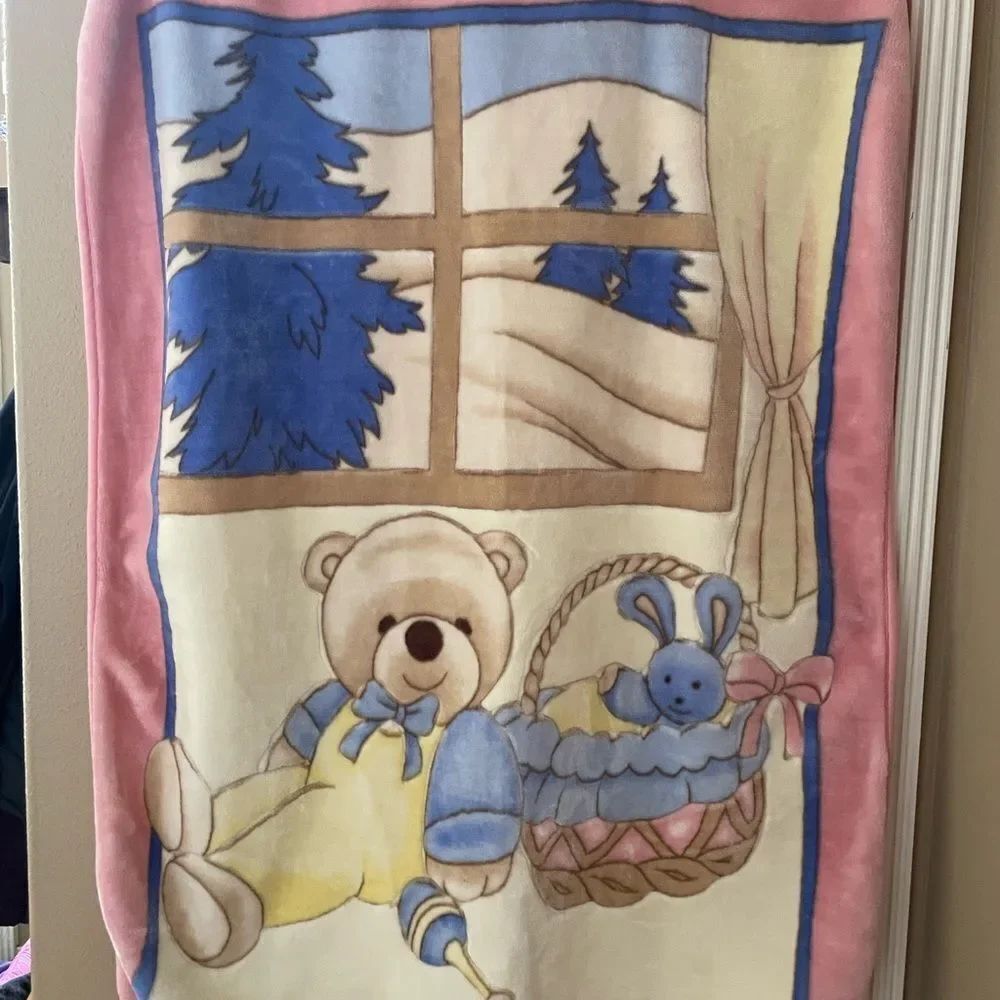 Korean Mink Vintage Bear Cabin in the Woods Baby Blanket Spring Easter Theme